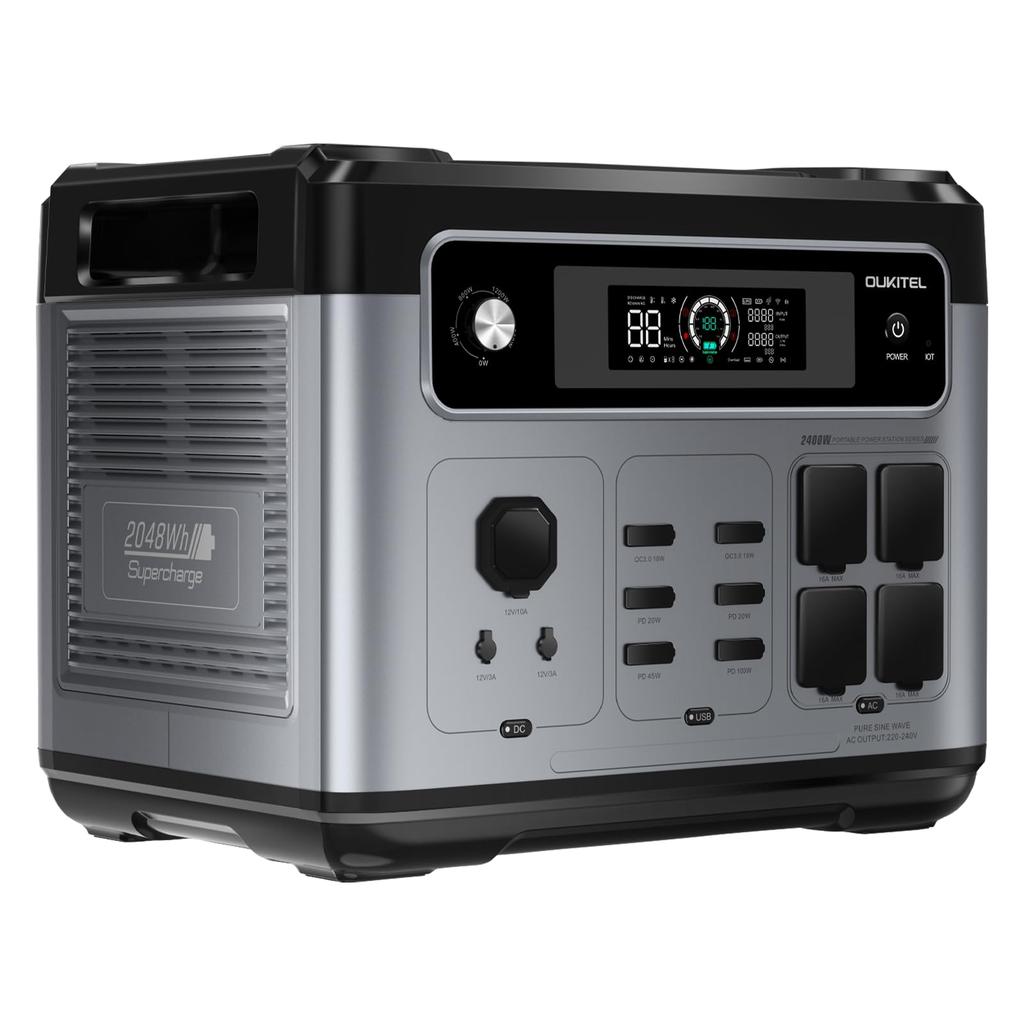 OUKITEL P2001E PLUS 2048Wh/640.000mAh LiFePO4 Powerstation, Solargenerator, 2400W (4800W Spitzenleistung) Notstromaggregat, 1800W Super-Schnellladung
