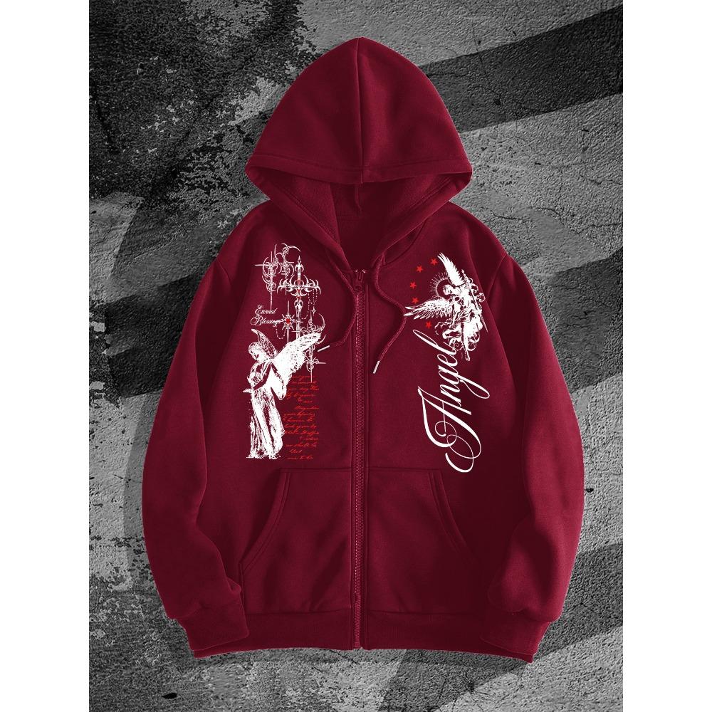 Dark Angel Print Zip-Up Sweater Oversized Hooded Sweatshirt for Men and Women (American Streetwear Style) S