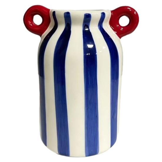 Ceramic Striped Flower Vase with Dual Handles, Hand Painted Small Decorative Vase for Flower, Pampas Grass, Wide Mouth Bud Vase for Living Room синий