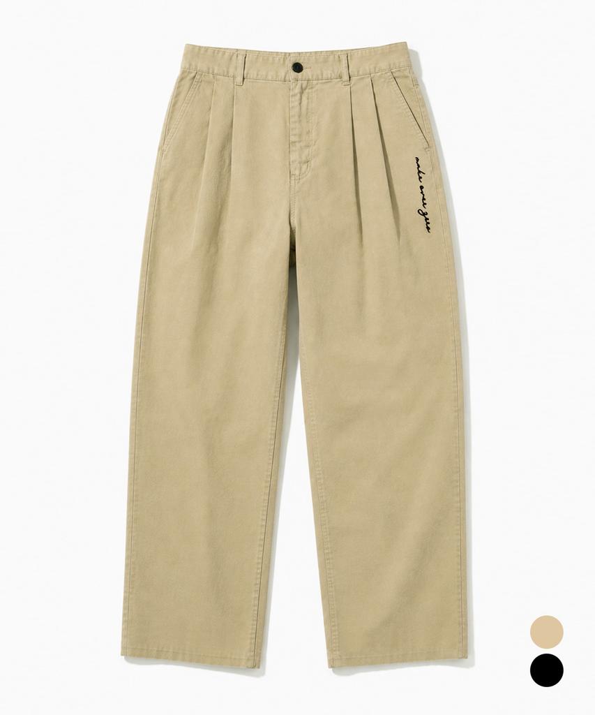 MOZMOZ Double-Pleat Wide Lettering Cotton Pants 2 Colors