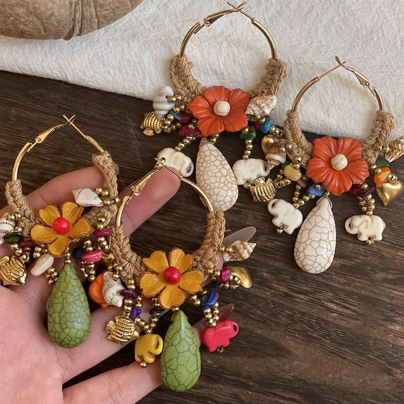 Silver needle woven flower stone fringed earrings retro ethnic style fashion earrings design sense niche versatile earrings