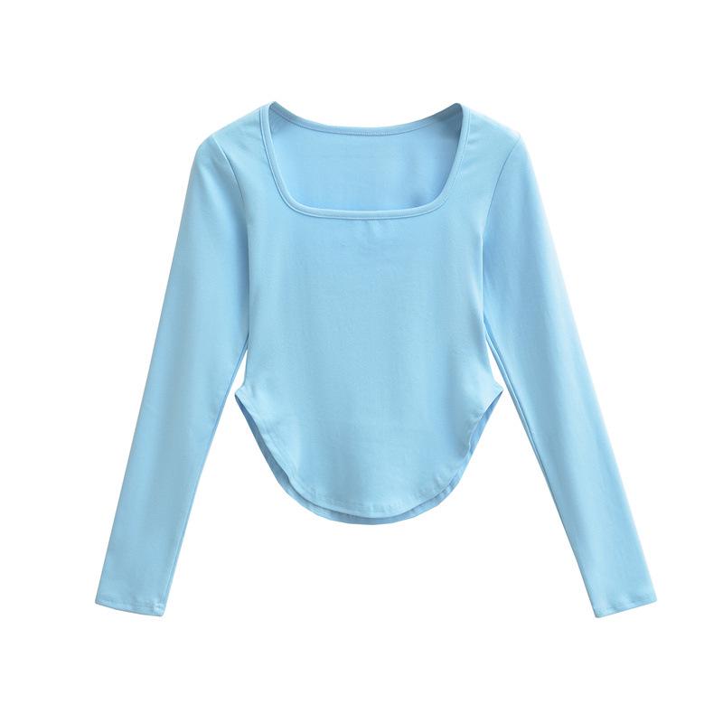 Spicy Girl Square Neck Cinched Waist Long Sleeve T-Shirt for Women - Spring/Autumn Base Layer, High Waist, Curved Style Top