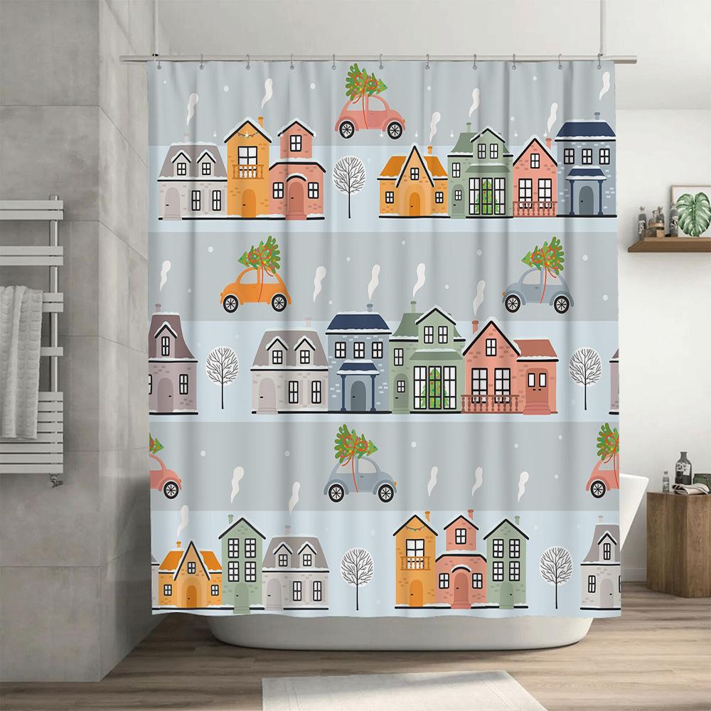 Charming House Car Christmas Tree Print Shower Curtain Home Decoration Waterproof Bathroom Wall Hanging Decorations For Kids Bat