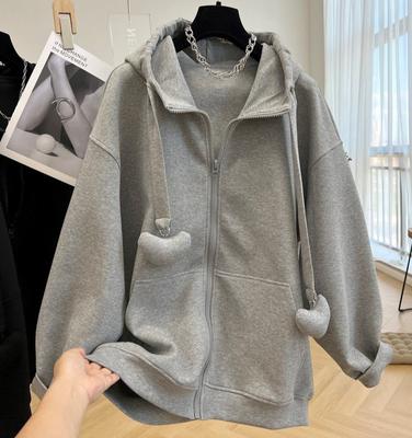 Moletom com Capuz de Manga Comprida para Mulheres Plus Size Primavera Outono Solto Casual Oversized Casaco com Zíper Cinza Preto
