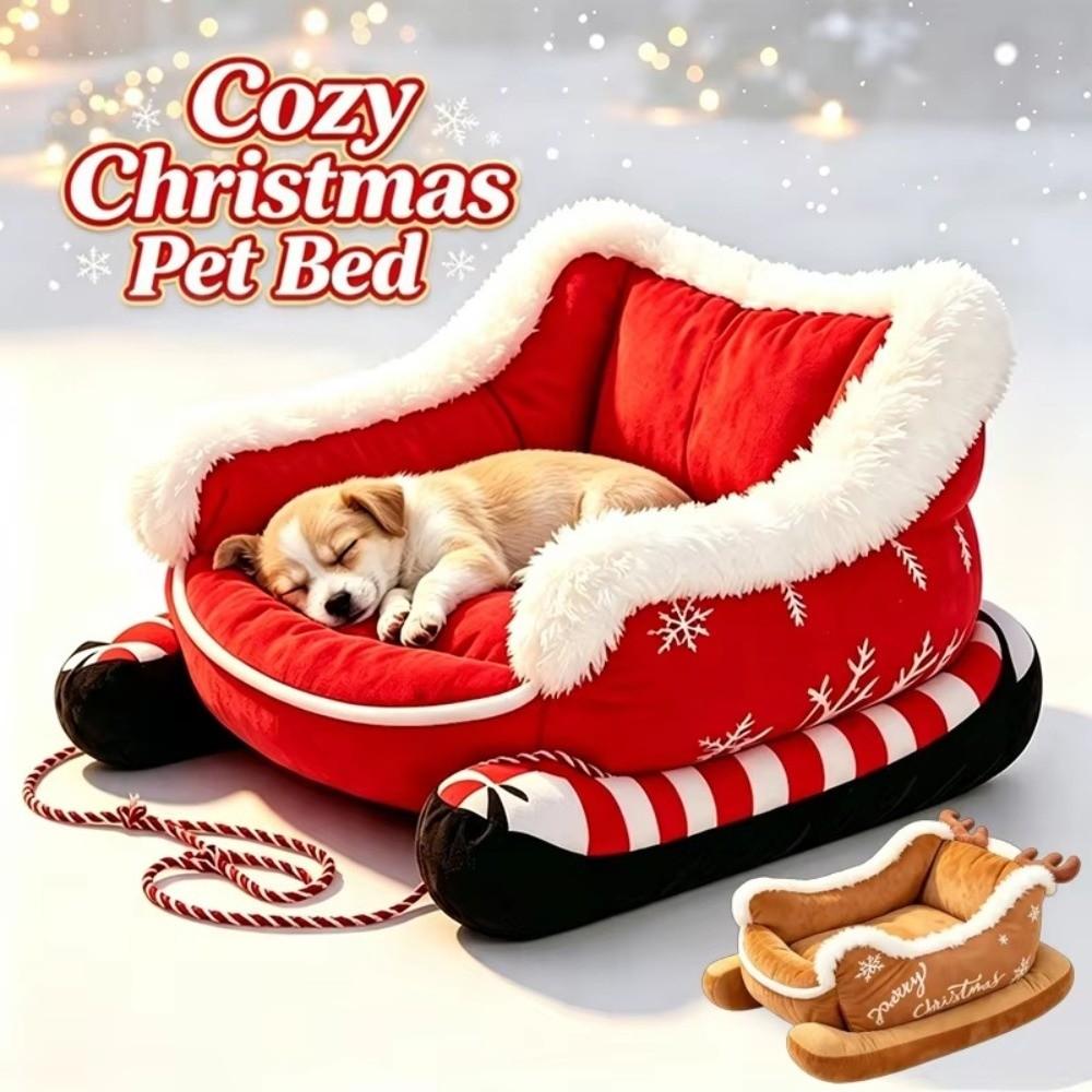 Bite Resistant Dog Winter Warm Plush Sofa Raised Rim Xmas Sleigh Cat Nest Living Room