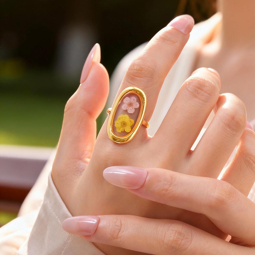 Stainless Steel Rings for Women Dried Flower Resin Jewelry Dainty Geometric Open Adjustable Vintage Floral Rings Waterproof