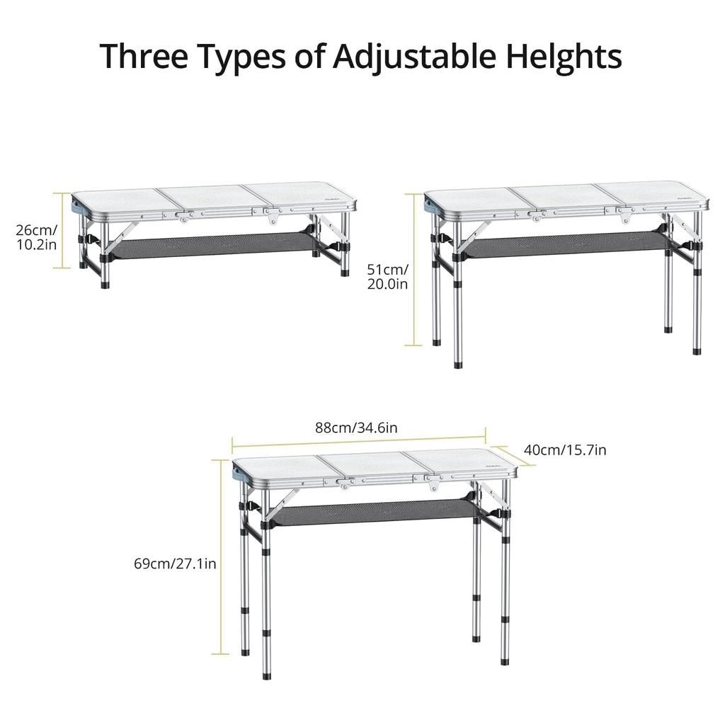 Anbte Camping Folding 90cmx40cm 3 Adjustable Height Aluminum Folding Table Camping Table Portable Picnic Table Table with Storage Mesh and Bag for