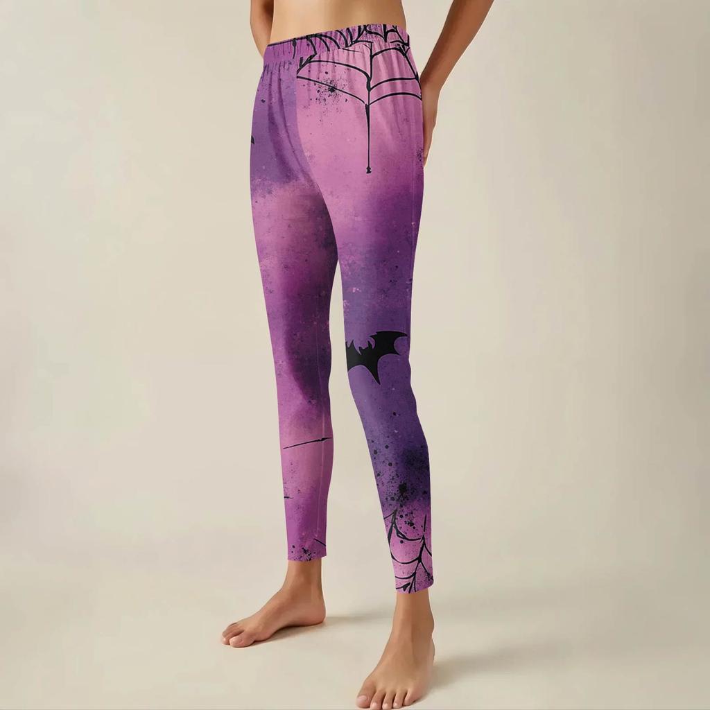 Damesbukser Halloween-trykte stretchy myke underdeler avslappede hjemmesovebukser