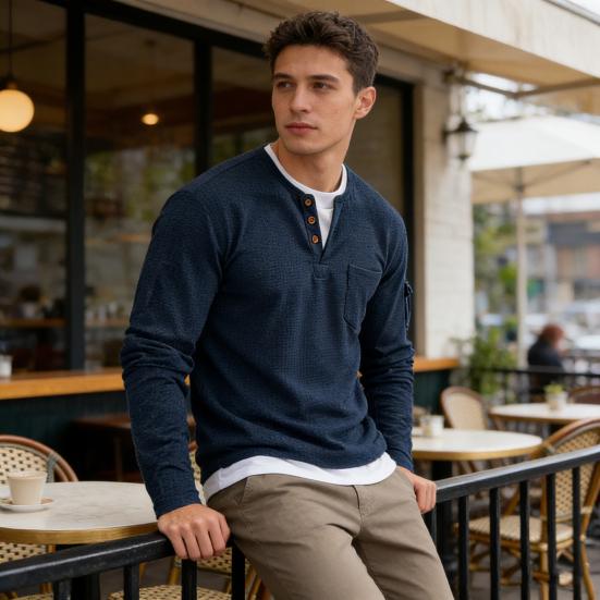 Herr Fusk Lager på Lager Skjorta Långärmad Falsk Tvådelad Våffelstickad Skjorta med Fickor Casual Lös Passform Texturerad Pullover för Sport Resor Kontor Gata