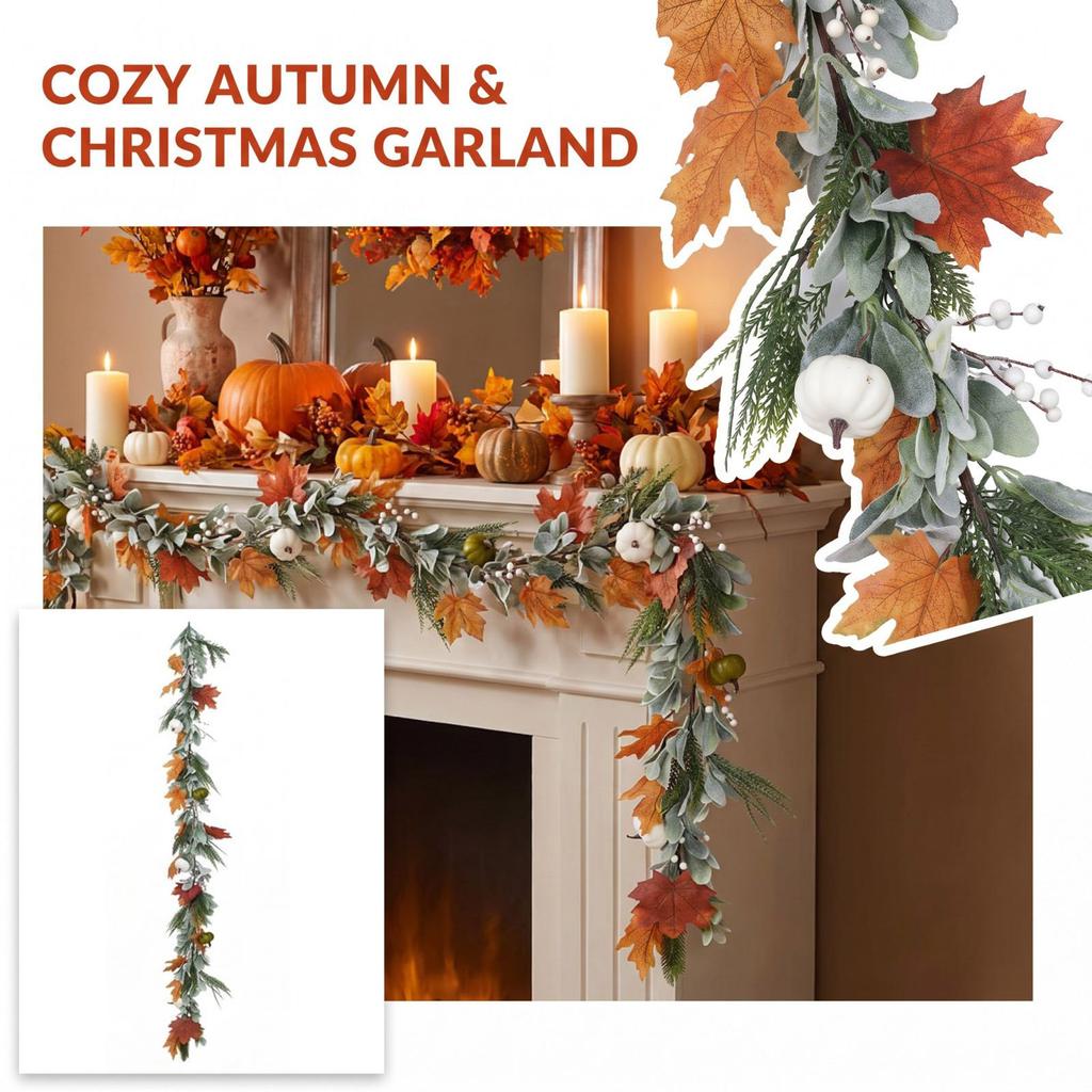 Pumpkin Fall Garland with Maple Leaves for Fireplace Stairs Front Door Thanksgiving Hanging Decor