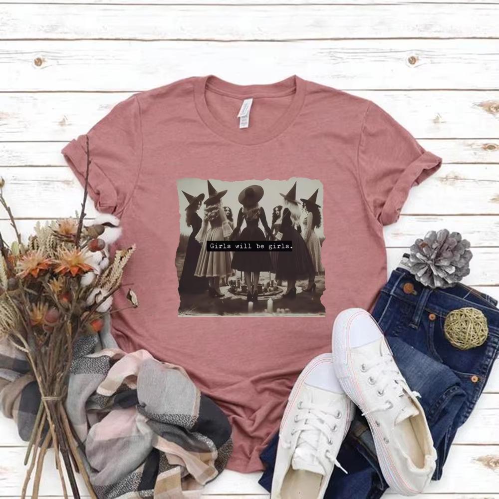 Vintage Girls Will Be Girls Witch T Shirt Funny Witch Tshirt Halloween Women Shirt Short Sleeve Streetwear Tee Witchy Vibes Top