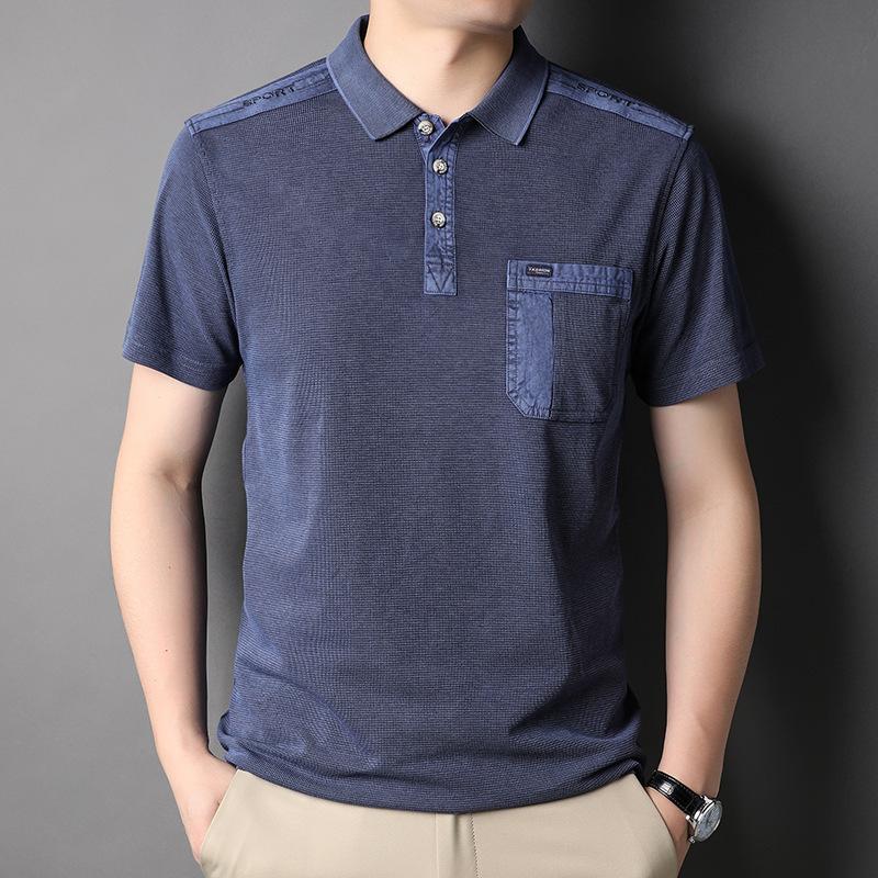 

Middle-Aged Men S Fashionable Casual Knitted Short-Sleeve T-Shirt New Summer Style With Patchwork And Turn-Down Collar Polo Shirt M синий