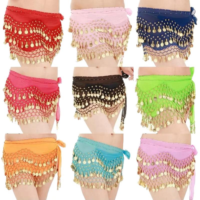 1pc Belly Dance Hip Scarf Chiffon Skirt Wrap Professional Hip Scarf Skirt Costume with Coins for Yoga Belly Dancing Beginners