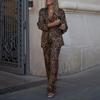 European & American Leopard Print Lapel Suit Jacket with High Waist Wide-Leg Pants Two-Piece Set