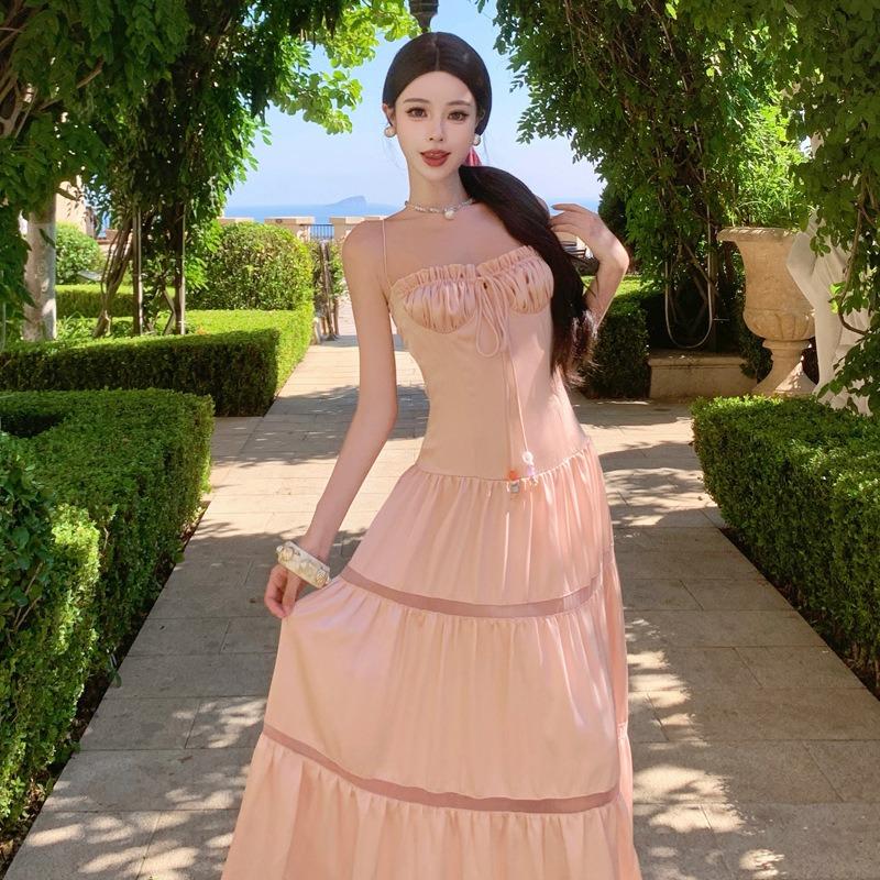 Seaside Vacation Pink Satin Pleated Strap-on Tube Top Suspender Dress Women s Summer Waist Pinched Hollow Splicing Dress S