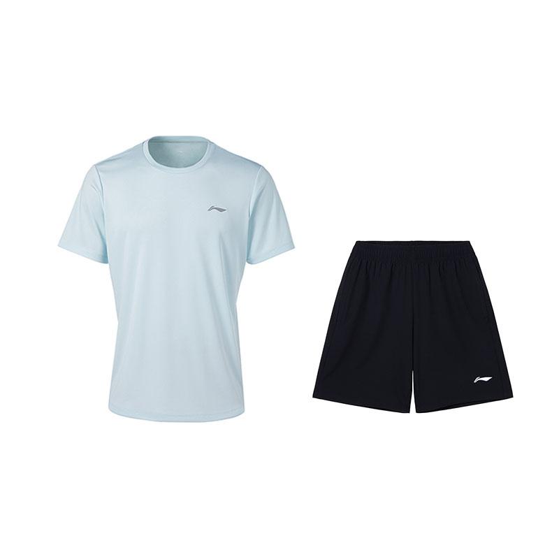 

Li-Ning Fashionable Versatile Breathable Short Sleeve Comfortable Shorts Casual Sports Suit Men suit Cloud-Blue Black W833-4+W685-1