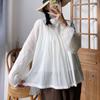 Johnature Spring Ramie Shirts Vintage Korean  Ruffled Double Lace Stand Collar Pullover Loose Irregular Women Blouses