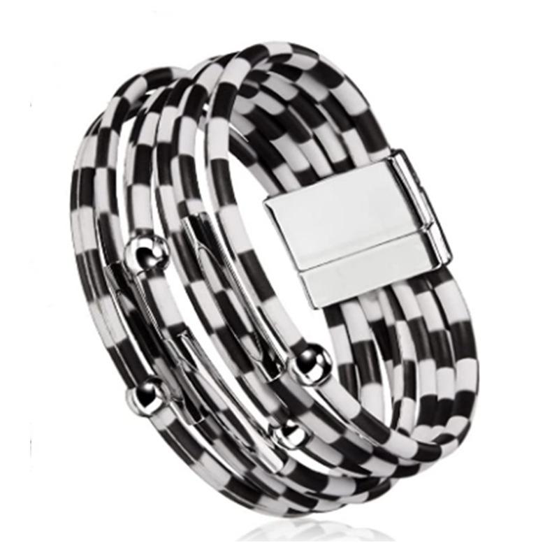Leopard Print Magnetic Buckle Leather Bracelet: Alloy Beaded Cord with Copper Tube
