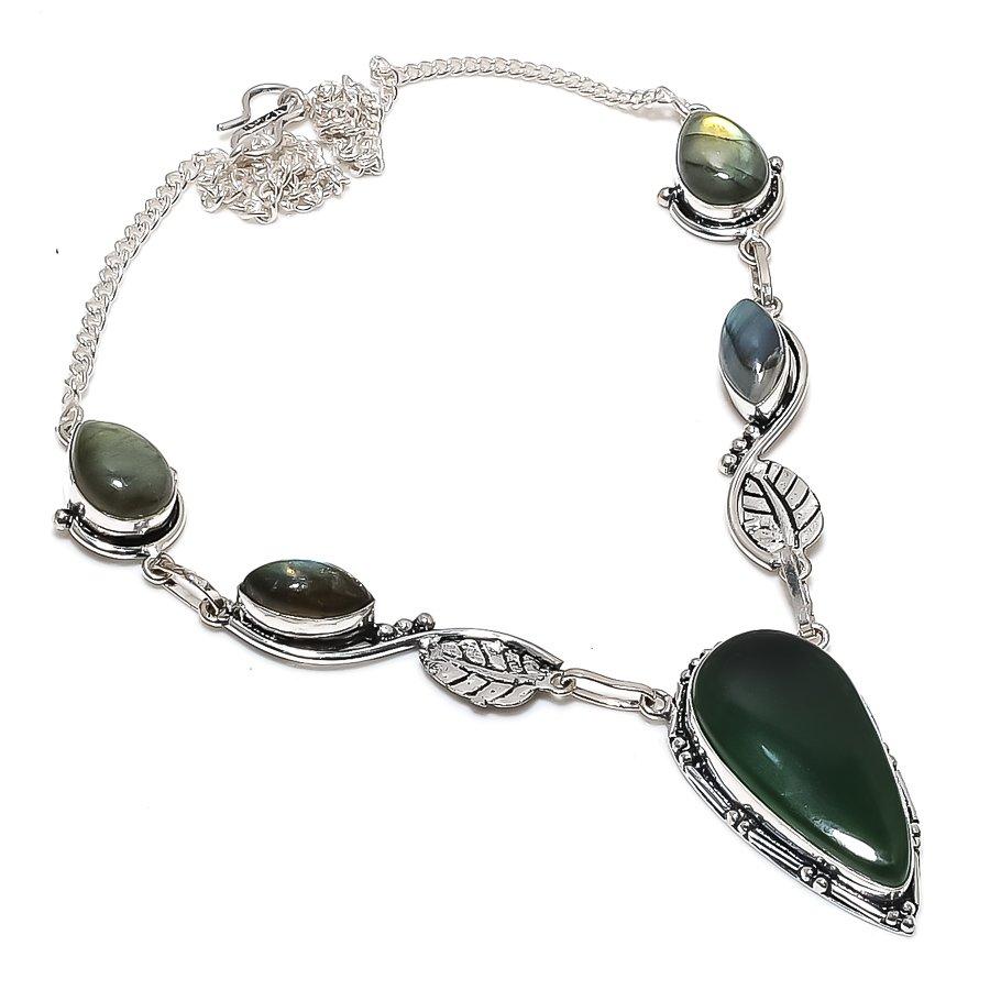 

Natural Nephrite, Labradorite 925 Sterling Silver Jewelry Necklace 18 c2C71