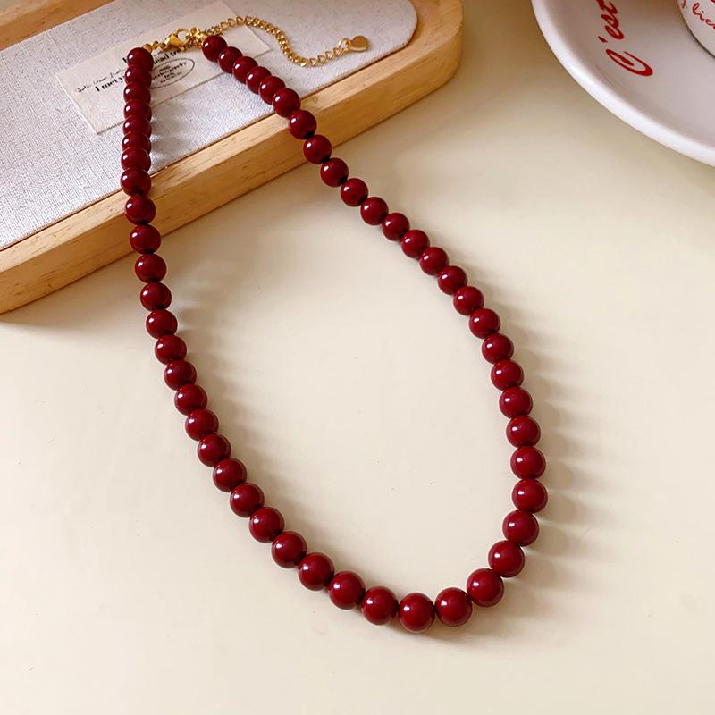 Rött Rund Glaspärla Halsband Retro Nyckelbenskedja Accessoarer för Kvinnor
