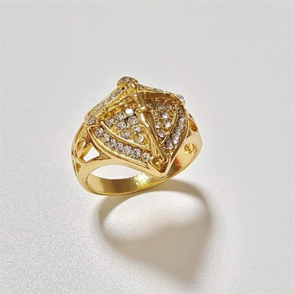 Punk Simple and Elegant Golden Jesus Cross Shield Men's Ring Zirconia Dazzling Motorcycle Party Hip-hop Men's Accessories