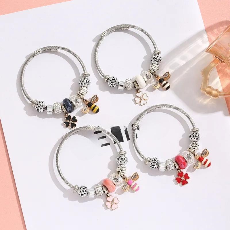 Fashion Crystal Bee Clover Charms Bracelets for Women Girls Trendy Cute Stainless Steel Bangle Accessories Jewelry Gifts