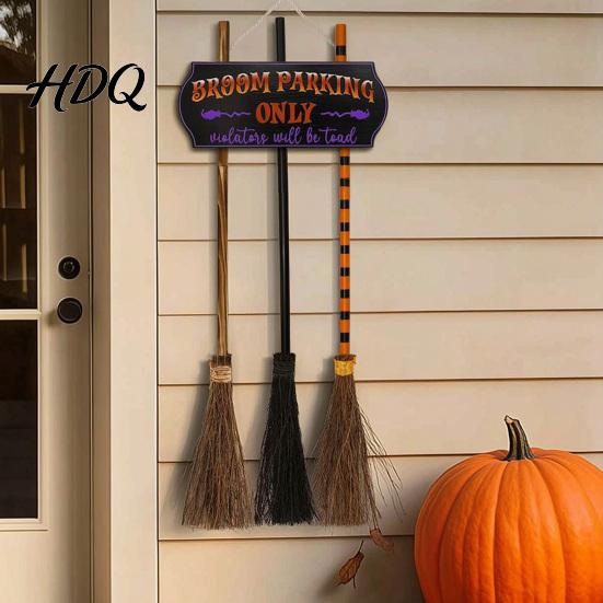 Weatherproof Yard Ornament Halloween Broom Parking Sign with 3 Pcs Wooden Witches Brooms, Hocus Pocus Seasonal Home Wall Themed Hanging for