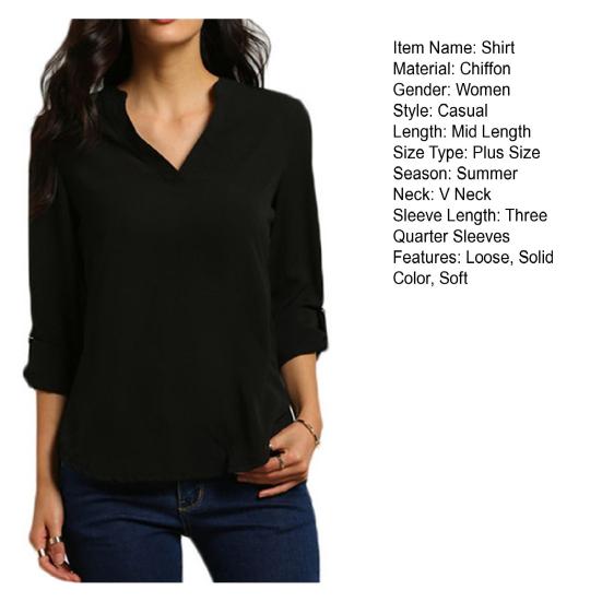 Summer Shirt Solid Color Ruched Loose Three Quarter Sleeves Low-cut Commute V Neck Plus Size Mid Length Summer Blouse Female Clothing