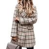 Winter Autumn Lady Coat Turn-down Collar Plaid Print Double-breasted Long Sleeves Thick Mid