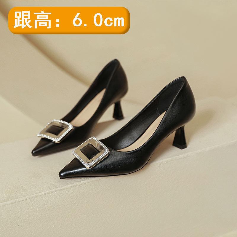 Black Temperament Pointed High Heels Women's Thin Heels 2025 New Spring and Autumn Women's Shoes Rhinestone Square Buckle French Light Mouth Single S