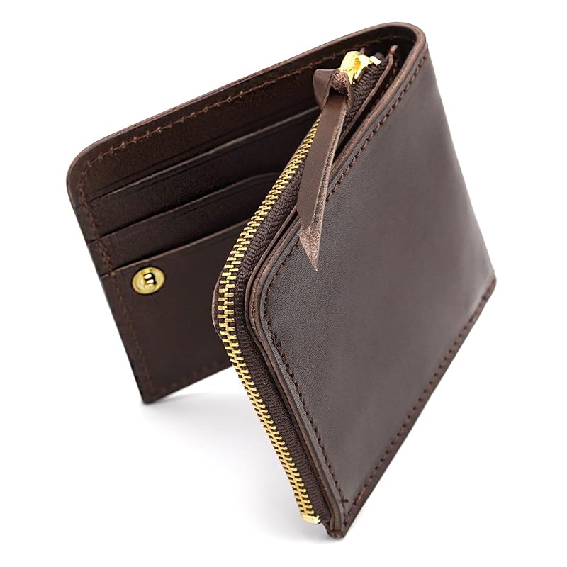

No-brand product [SKGCREATION] Japanese Tochigi leather men s women s thin bifold wallet L-shaped zipper coin purse gift box included dark brown,