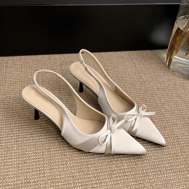 

Grape mother studiolee shows leg length 7cm high heel sandals stiletto bow pointed back empty single shoes women s summer 42 серебряный