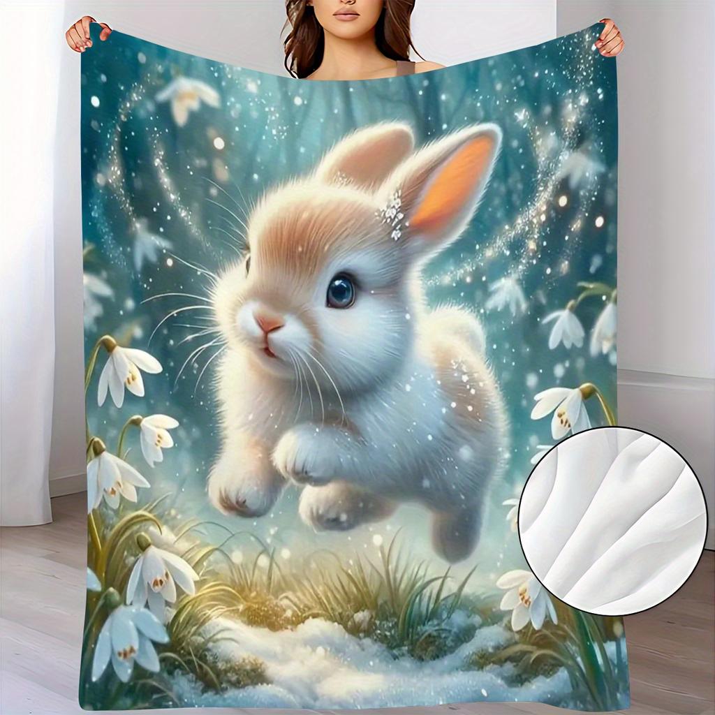 Cute Rabbit Fleece Blanket Winter Snowflake Print Throw Soft Warm All Season Bedding Home Decor Gift For Kids