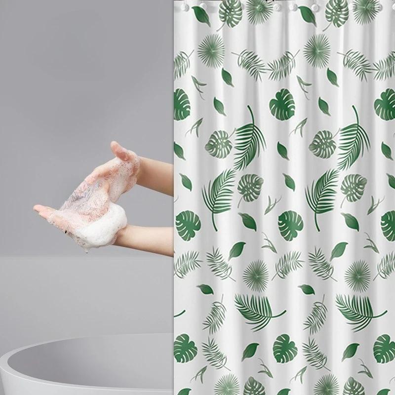 Shower Curtain Simple Wind Green Leaves Print Bathroom Curtains Waterproof Quick Dry For Toilet Modern Style 200Cm Peva Fabric