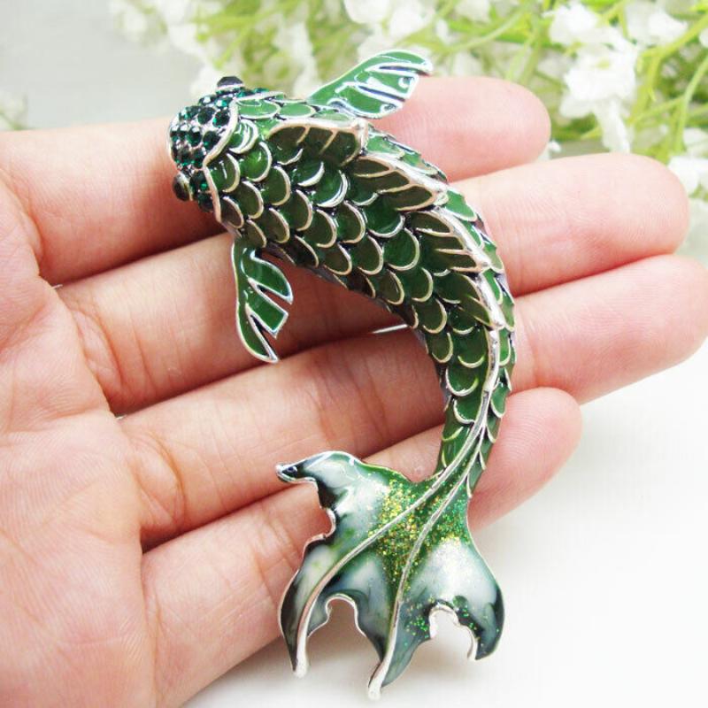 

Vintage Green Fish Woman Brooch Pin Rhinestone Crystal Animal Silver Tone
