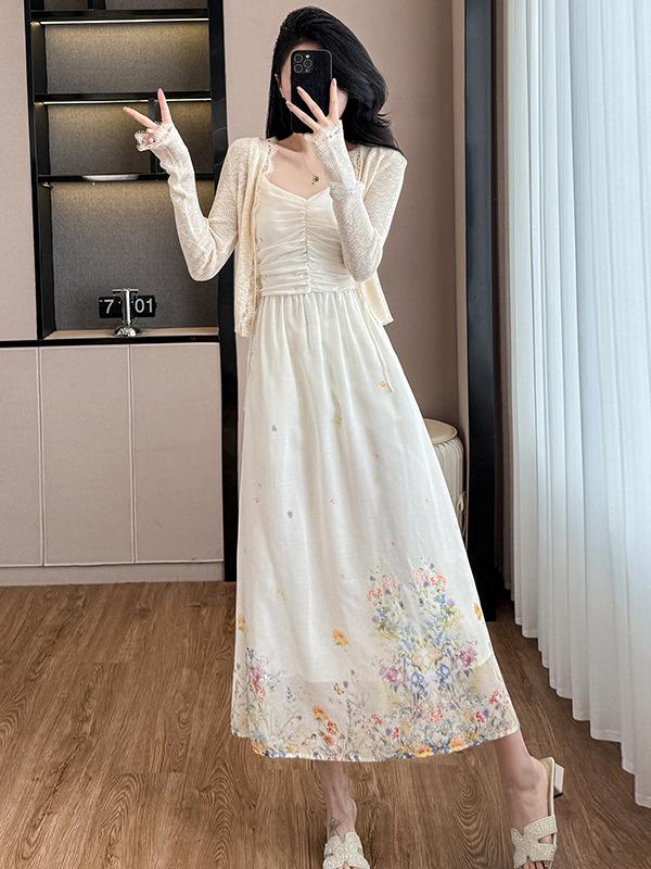 Women's Summer Spaghetti Strap Two-Piece Dress Set: Pure Style, Heavy Duty Print, Slimming Waist, Versatile Long Dress