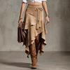 New Women's Vintage Western Irregular Rope Tie-Waist Fringed Faux Fur Midi Skirt