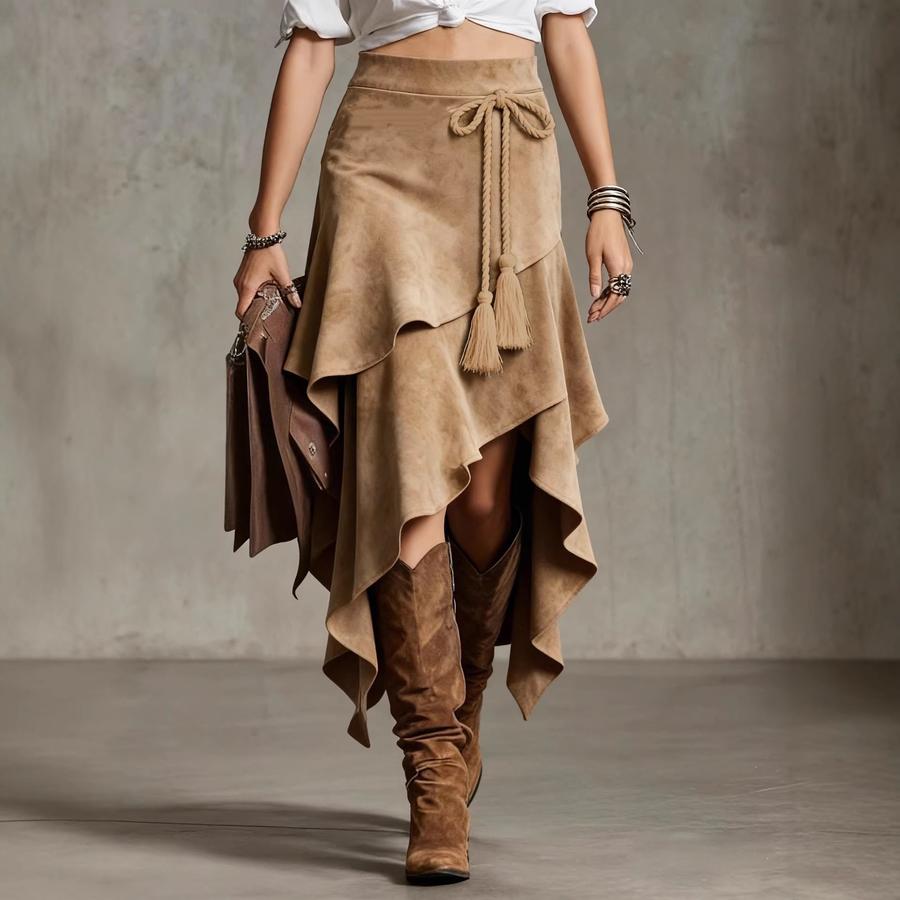 New Women's Vintage Western Irregular Rope Tie-Waist Fringed Faux Fur Midi Skirt