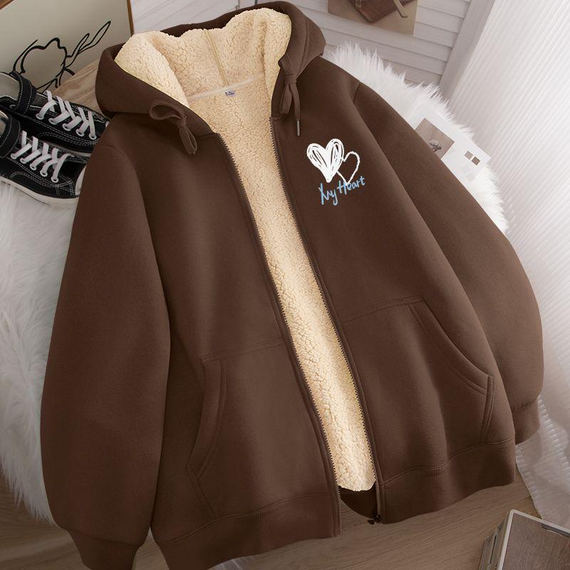 Unisex Hooded Zip-Up Fleece-Lined Cardigan - Warm Winter Lamb Wool Jacket (Apricot)