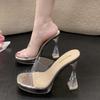 2025 Summer New Super High Heel Sandals Women's Transparent Word with Cool Slippers Crystal Heel Thick Heel Model Car Show Catwalk