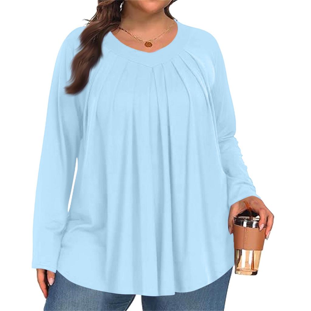 Women's Plus Size Fashion Solid Colour Casual Pleated Round Neck Long Sleeve Top
