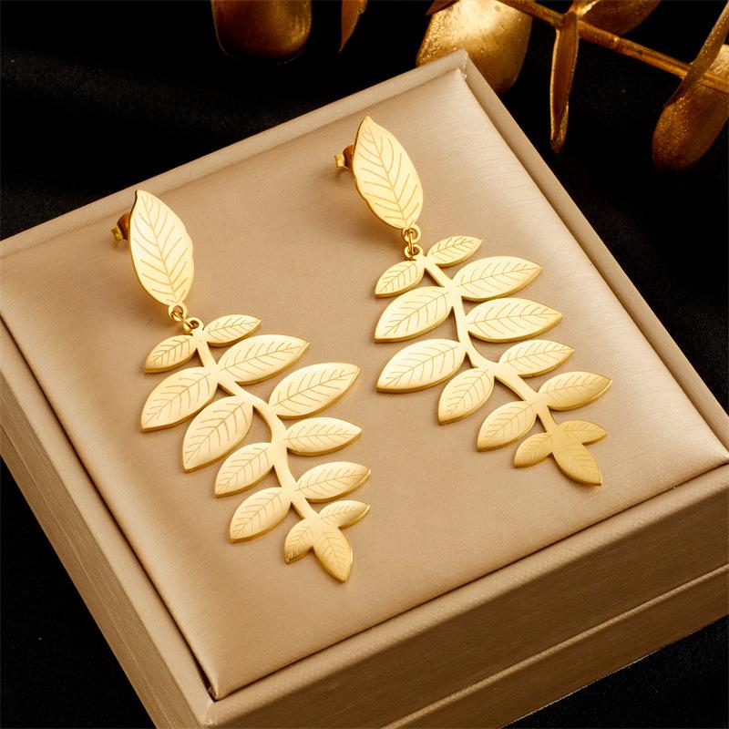 Gold Leaf Drop Earrings For Women Stainless Steel Nature Inspired Dangle Jewelry