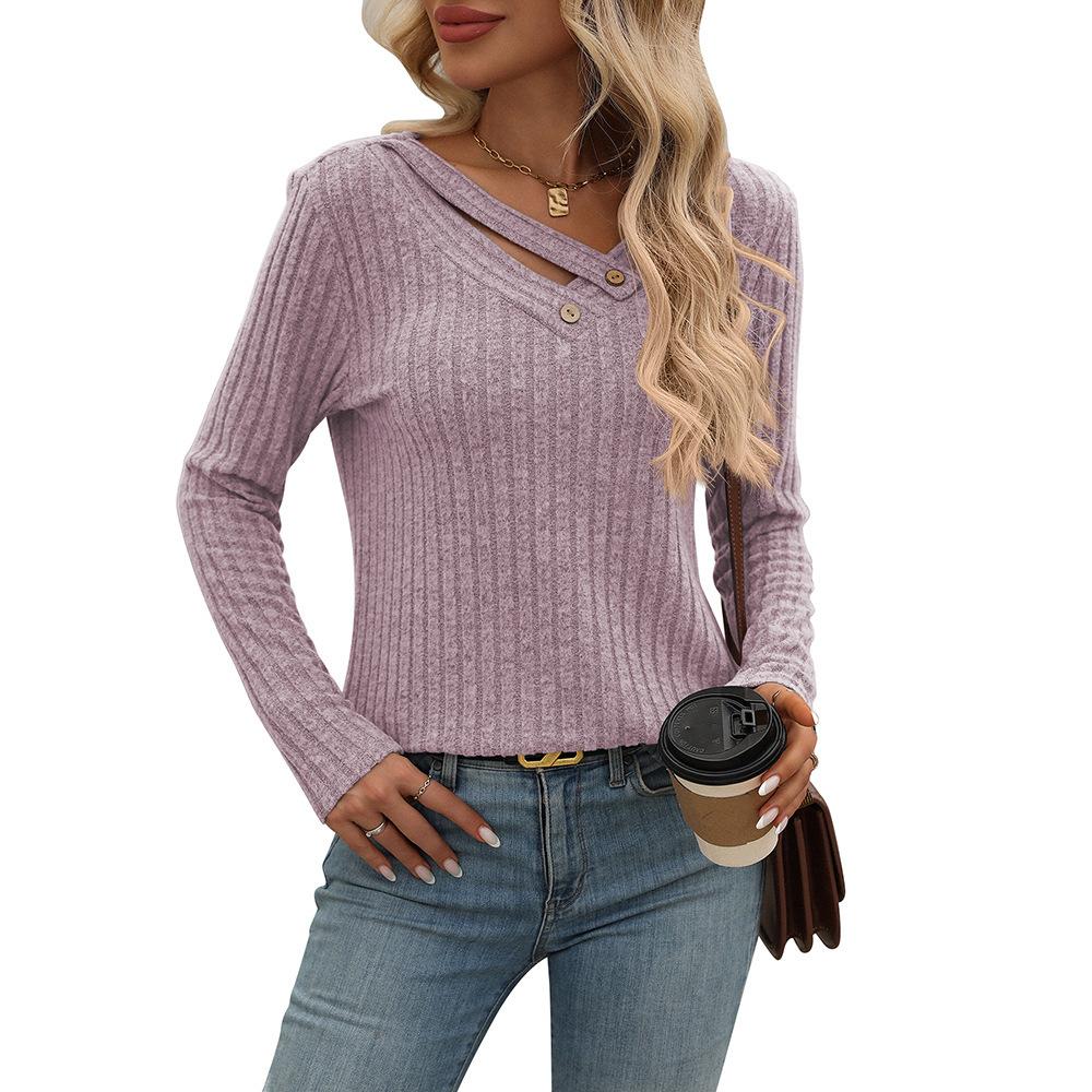Women's Cutout V Neck Long Sleeve Ribbed Knit Top Casual Button Detail Loose Fit Fall Winter Daily Basic Tee Shirt
