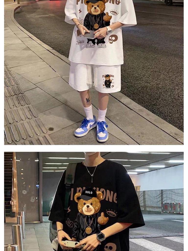 Hong Kong Style Men's Cartoon Short-Sleeve & Shorts Sports Casual Set