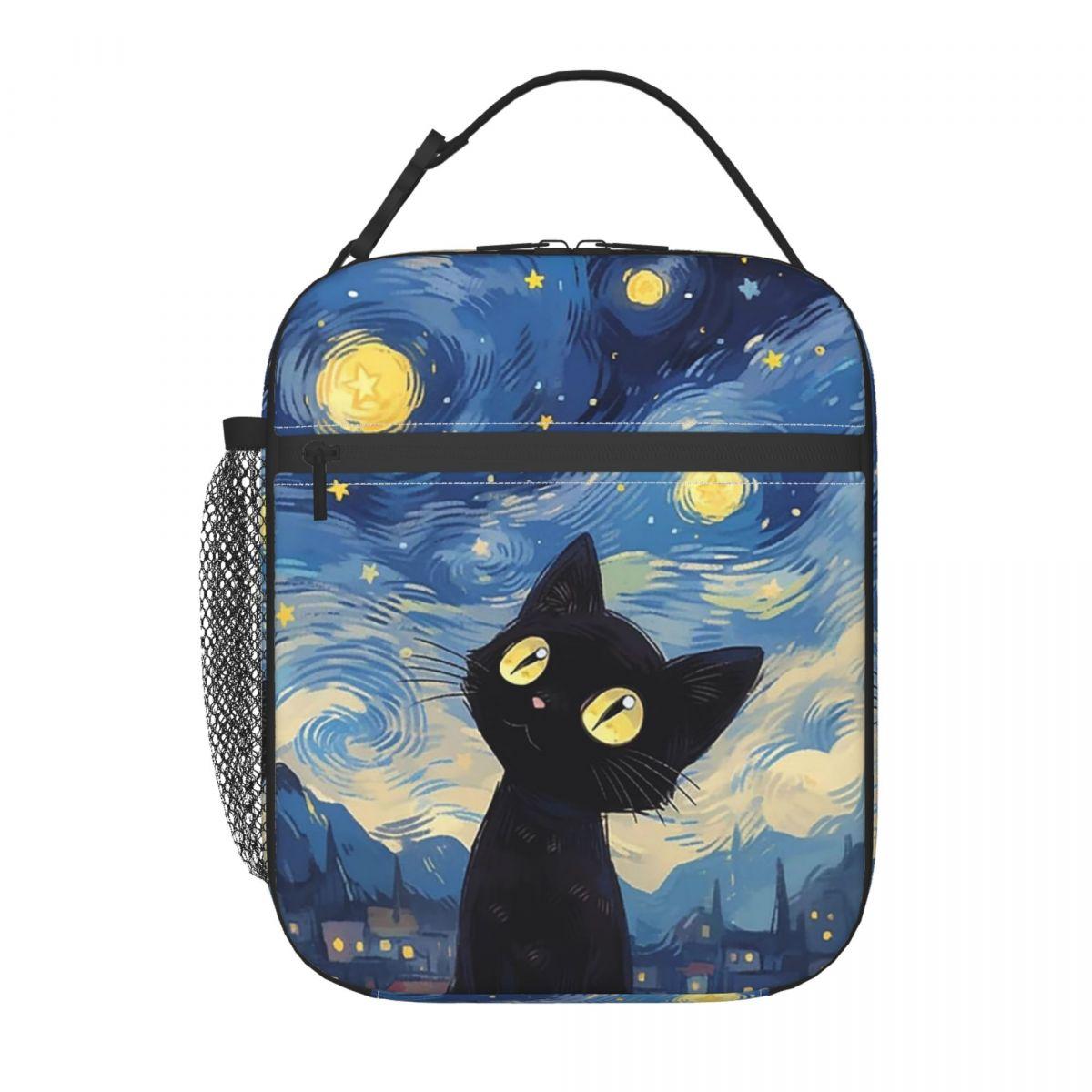 

Black Cat Looking Up At The Starry Sky Print Insulated Lunch Bag for Women Kids Leakproof Food Boxes Thermal Lunch Box Tote One Size