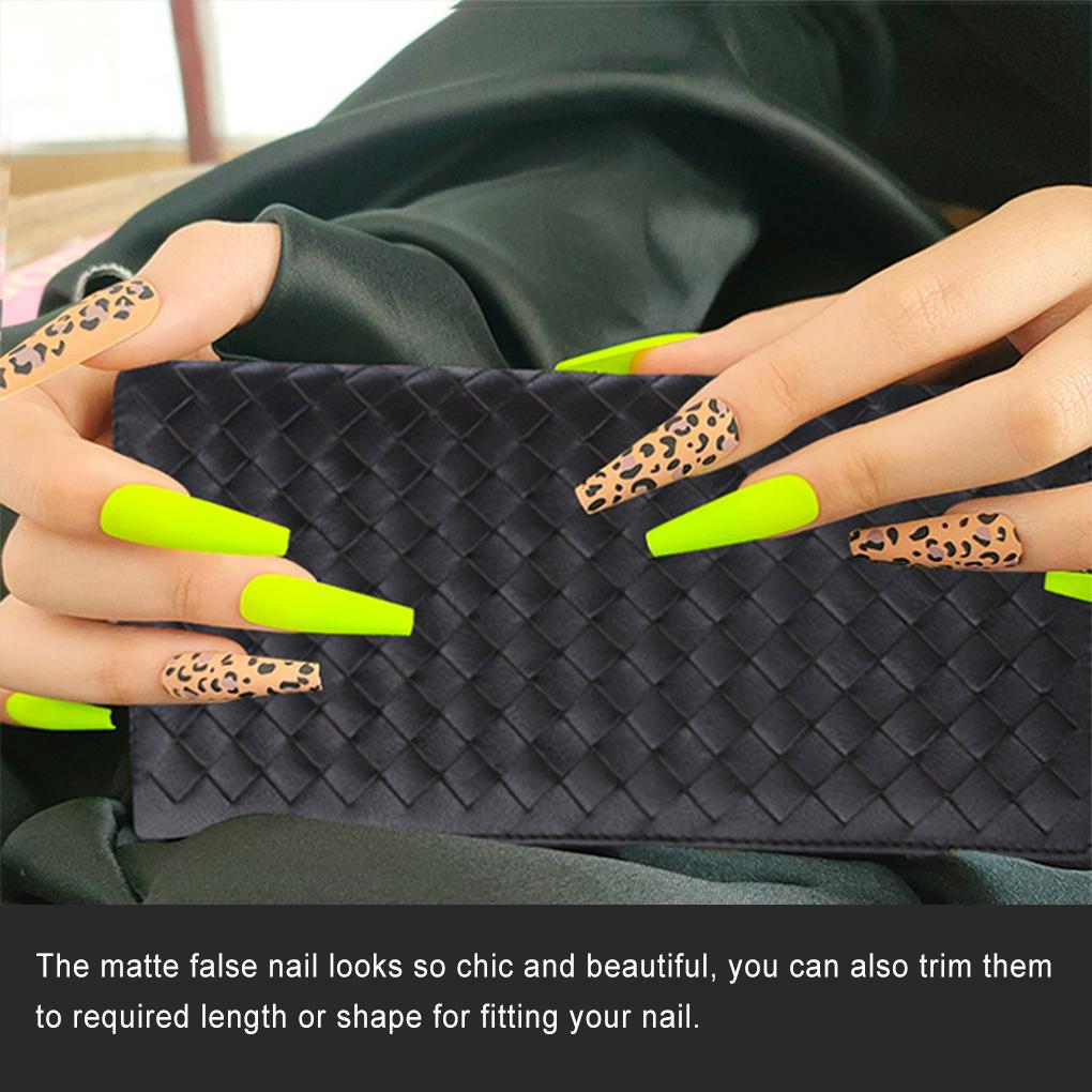 1 Set French Tip Press On Nails Leopard Pattern Long Artificial Matte Fingernails Fluorescent Yellow Tips Full Cover Ballerina