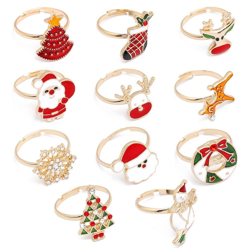 Christmas Tree Christmas Open Ring Dripping Oil Xmas Jewelry Retro Cartoon Lovely Ring Decoration