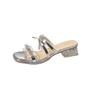 Fashion thick heel cool slippers women's summer wear 2025 new silver sandals bow rhinestone high heels