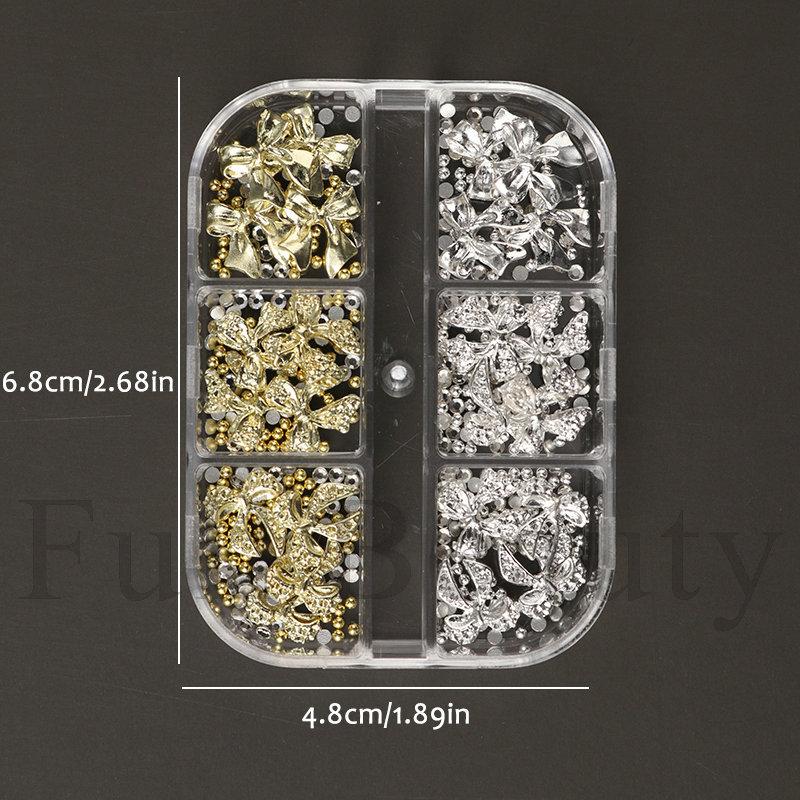 1pc of 6-compartment metal bow rhinestone and steel bead 3D nail art, nail decoration, holiday gift.