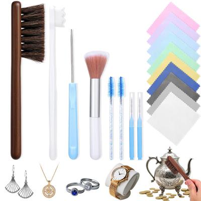 18Pcs/Set Jewelry Cleaning Kit Easy Grip Design Gentle Cleaning Brushes Polishing Cloth Remove Stains Jewelry Maintenance Kit